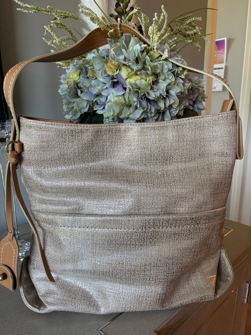 Sondra Roberts Metallic Beige Shoulder Bag with Tan Strap